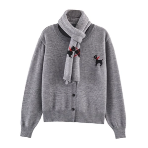Gray knitted cardigan and matching scarf set with black Scottish terrier patterns