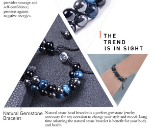 Close-up of double layer blue tiger eye and black magnetic stone braided bead bracelet