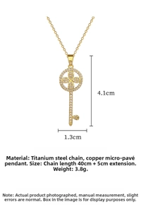 Detail of gold flower key necklace pendant with crystal pave and sizing dimensions
