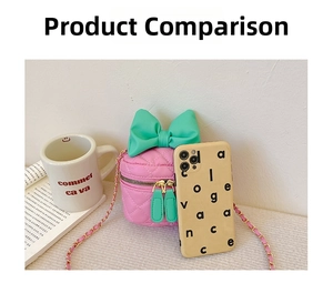 Pink quilted mini bag with green bow showing size compared to phone and cup