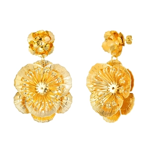 Golden oversized flower petal earrings with textured metal layers for fashion women
