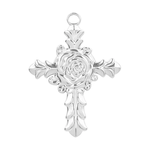 Detailed view of silver 304 stainless steel cross pendant with 3D rose and leaf textures