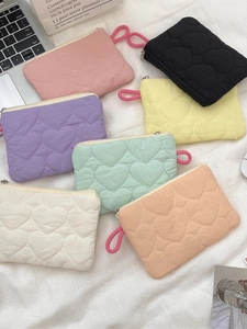 Heart Quilted Mini Coin Purse Macaron Color Polyester Zipper Portable Storage Bag For Lipstick Sanitary Napkins