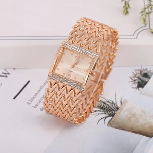Rose gold square women's quartz watch with V-shape wave strap and rhinestone bezel
