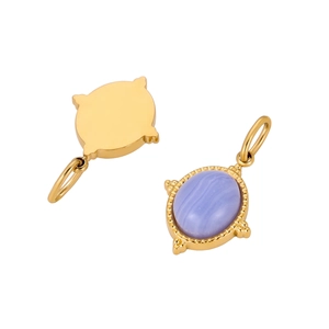 Set of two oval gold stainless steel pendants with purple striped natural stone on white background
