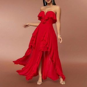 Detail of red off-shoulder dress featuring layered ruffles and high-low chiffon hemline