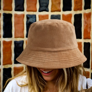 Stylish khaki corduroy bucket hat with wide brim for women's retro casual outdoor sun protection