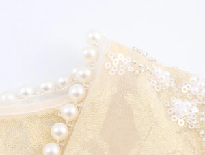 Detailed macro view of champagne mesh fabric with white pearl buttons and sequins