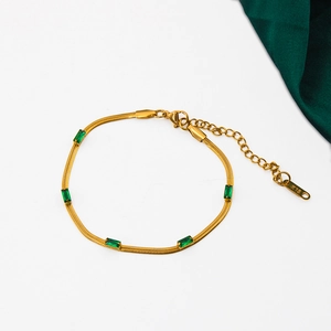18K gold plated snake chain necklace with rectangular emerald green zircon stones