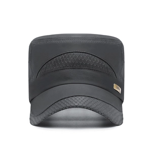 Men's quick-dry sun protection flat top hat with breathable mesh and metal logo in grey