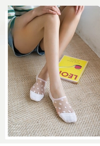 Detail of pink polka dot mesh socks for women featuring breathable sheer white cotton fabric