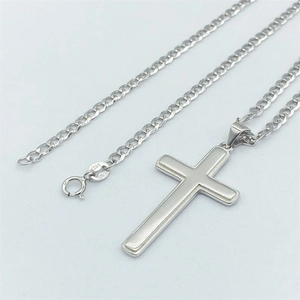 S925 sterling silver cross pendant necklace with Italian cuba chain on grey background