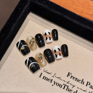 Handmade Press On Nails Black White Cow Print Gold Foil Rhinestone Square Glossy Spicy Girl Style Artificial Nails