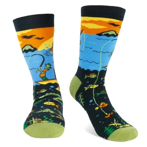 Crew socks featuring a scenic fishing sunset pattern with green heel and toe accents