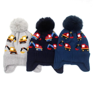 Kids Knitted Ear Protection Hat Excavator Cartoon Pattern Acrylic Faux Fur Pom Pom Fleece Lined Warm Winter Beanie