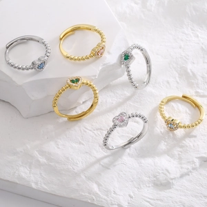 Heart Shaped Copper Ring Micro Paved Zircon Colorful Stones Adjustable Open Beaded Band Elegant Fashion Jewelry For Women