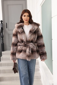 Detail of coffee-grey faux fur hooded coat featuring wide lapels and matching waist belt
