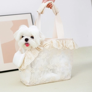 Breathable lace pet carrier bag in cream white for small dogs and cats, summer style