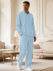 Detail of light blue waffle knit texture and buttoned polo collar on men's lounge set