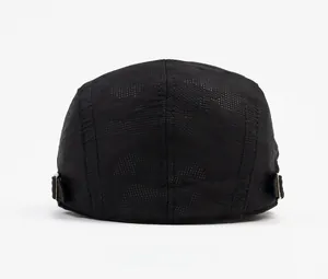 Rear view of black mesh flat cap featuring adjustable metal buckles and breathable texture