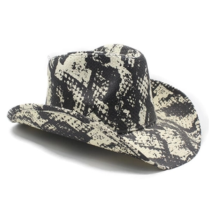 Detail of western cowboy hat featuring bold black and white snakeskin print pattern