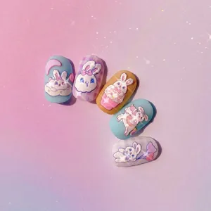 Japanese 5D embossed bunny nail art stickers with 3D cute rabbits and pastel patterns