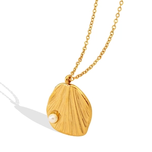 Minimalist gold necklace with geometric shell pendant and pearl on white background