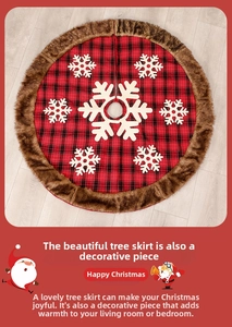 Detail of red and black buffalo plaid Christmas tree skirt with plush faux fur trim