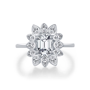 Luxury S925 sterling silver ring with emerald-cut main stone and leaf-shaped accents