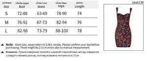 Detailed size chart with measurements for the cherry print bodycon mini dress