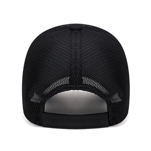 Rear view of black breathable mesh baseball cap with adjustable strap for outdoor sports