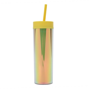 Detail of 16oz iridescent double-wall plastic tumbler with yellow straw and lid