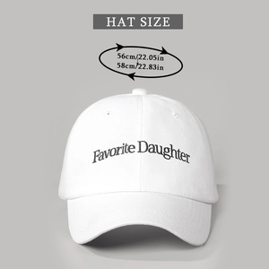 Detailed view of Favorite Daughter embroidery on white cotton baseball cap with sizing