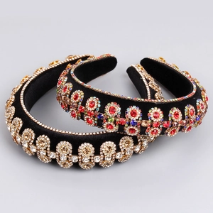 Padded Baroque velvet headbands with sparkling colorful rhinestones in golden settings