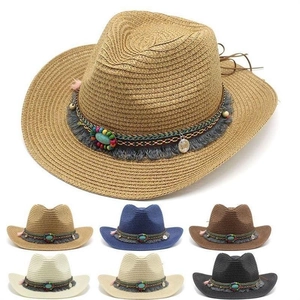 Western Cowboy Straw Hat Wide Brim Sun Protection Ethnic Beads Turquoise Tassel Outdoor Beach Sunshade Adjustable