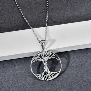 Polished stainless steel Tree of Life pendant necklace with artistic embrace figures