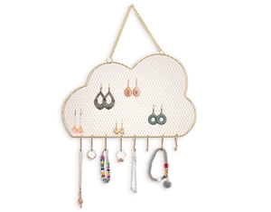 Macro view of cloud-shaped gold jewelry rack with metal mesh and eight hanging hooks