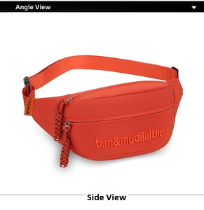 Side view of bright orange waterproof nylon waist bag with b.m embroidered text