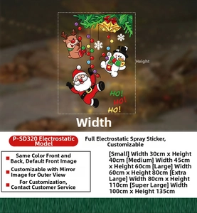 Size chart for Christmas window stickers showing various dimensions for reindeer and santa