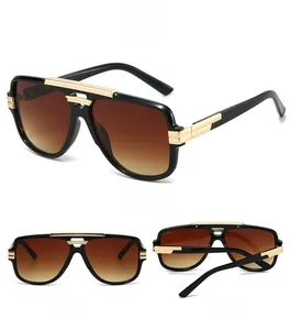 Detail views of square pilot sunglasses with gold metal double bridge and gradient lenses