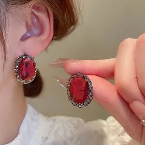 Vintage Oval Red Zircon Stud Earrings With 925 Sterling Silver Earring Post Retro Openwork Engraving For Women