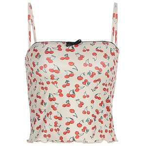 Slim fit floral cherry print camisole with black lace trim and bow for summer wear