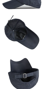 Detail of dark blue quick-dry cap showing breathable mesh and adjustable metal buckle
