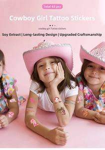 63pcs cowboy girl temporary tattoos for kids with pink western boots and horses