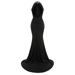 Detail of elegant black halter neck dress with sparkling rhinestone neckline decoration