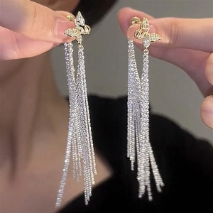 Boucles d'oreilles papillon dorées avec glands en strass argentés pour femme