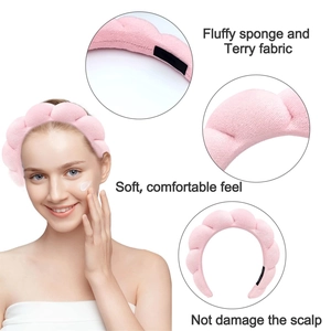 Pink fluffy sponge and terry fabric headband with soft wristbands set for face washing