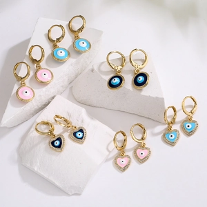 Evil Eye Heart Round Pendant Earrings Gold Plated Copper Enamel Zircon Hoop Ear Buckles Fashion Jewelry Women