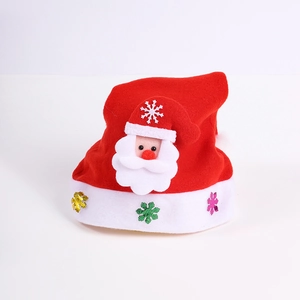 Detailed view of red plush Christmas hat with LED lights and Santa Claus applique