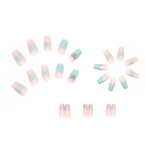 French style press-on nails with heart charms in pink, mint green and silver glitter